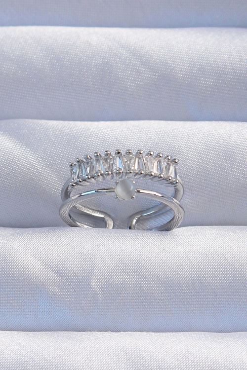 YRTCL Pirinç Gümüş Renk Sedefli Zirkon Taşlı Su Yolu Model 2li Görünüm Ayarlanabilir Yüzük