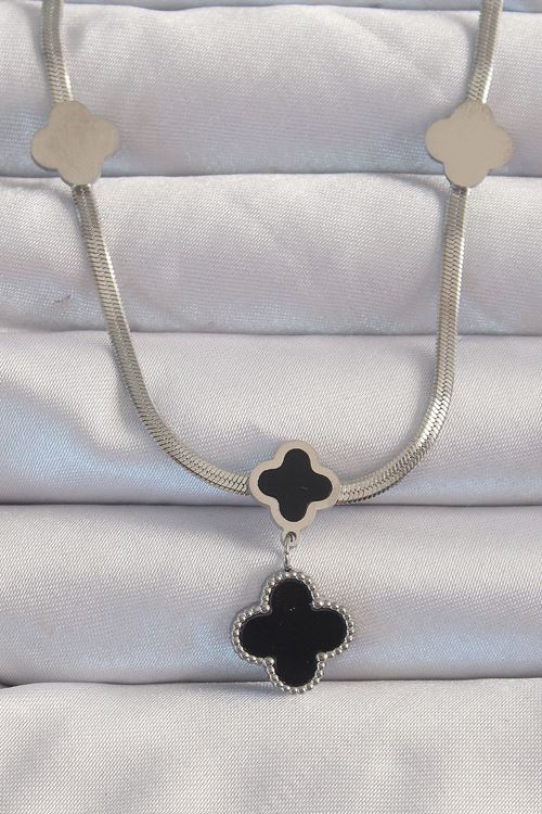 YRTCL 316L Çelik Gümüş Renk İtalyan Zincirli Mineli Yonca Kolye