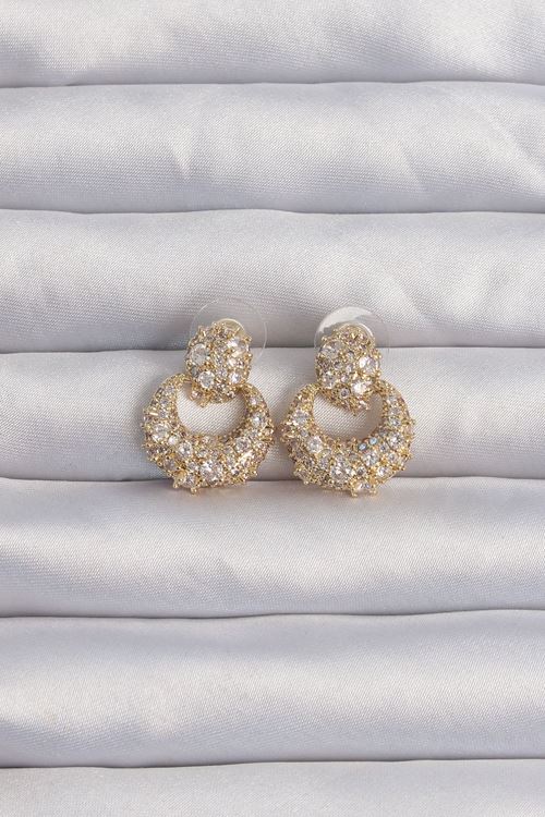 YRTCL Pirinç Gold Renk Zirkon Taşlı Oval Form Küpe