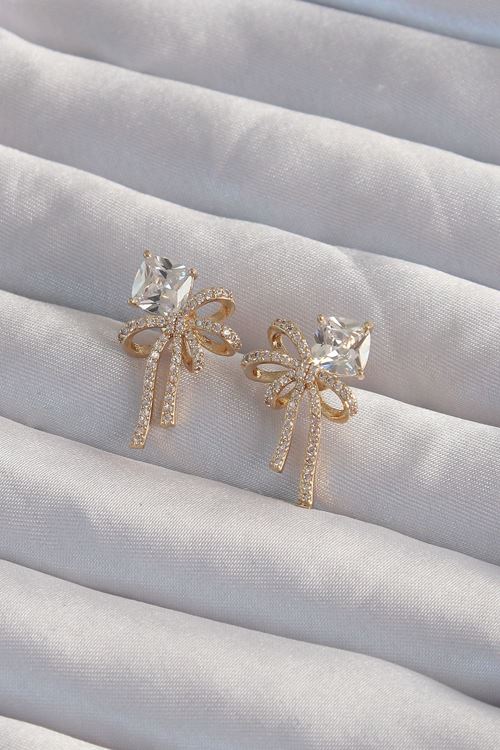 YRTCL Pirinç Gold Renk Kare Zirkon Taşlı Fiyonk Küpe