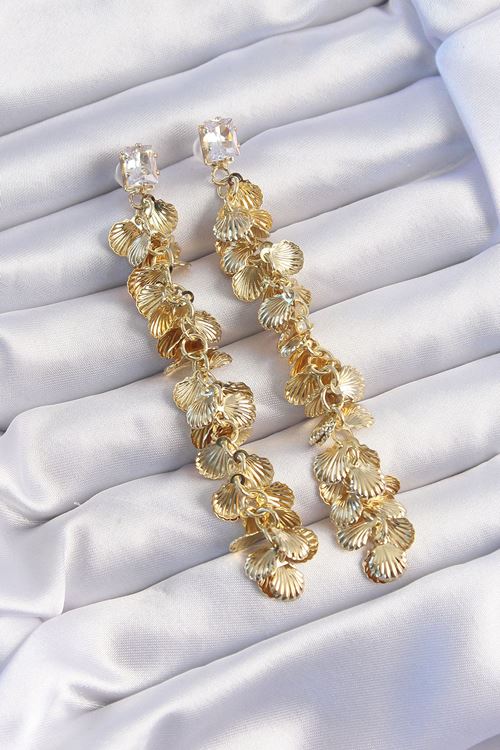 YRTCL Pirinç Gold Renk Zirkon Taşlı Minimal Deniz Kabuklu Sallantılı Küpe