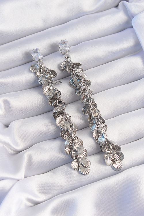 YRTCL Pirinç Gümüş Renk Zirkon Taşlı Minimal Deniz Kabuklu Sallantılı Küpe