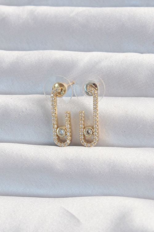 YRTCL Pirinç Gold Renk Zirkon Taşlı Yarım Messika Küpe