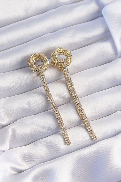 YRTCL Pirinç Gold Renk Zirkon Taşlı Kıvrım Detay Sallantılı Küpe