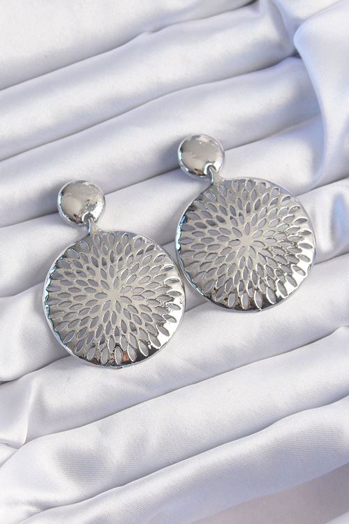 YRTCL Pirinç Gümüş Renk Oval İşlemeli Küpe