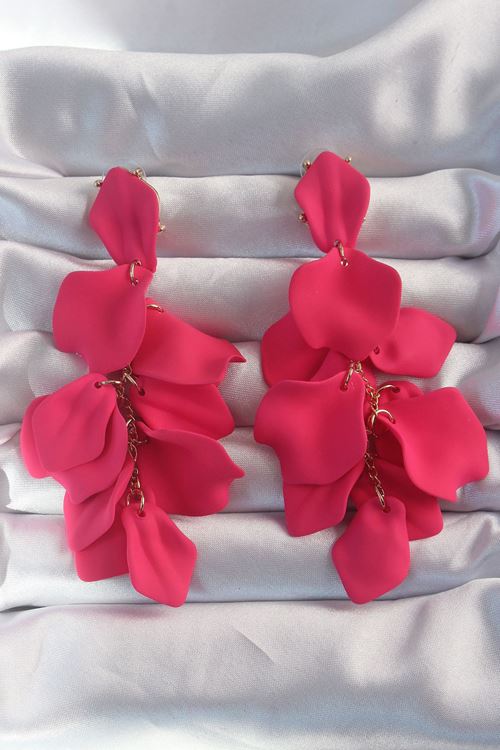 YRTCL Pirinç Fuşya Renk Sallantılı Yaprak Model Küpe