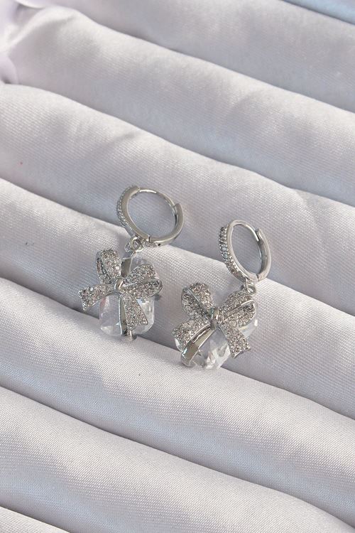 YRTCL Pirinç Gümüş Renk İri Zirkon Taşlı Fiyonk Model Halka Küpe