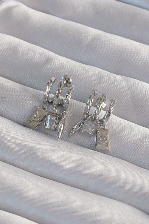 YRTCL Pirinç Gümüş Renk Zirkon Taşlı Çoklu Aksesuarlı Yarım Halka Kaburga Küpe