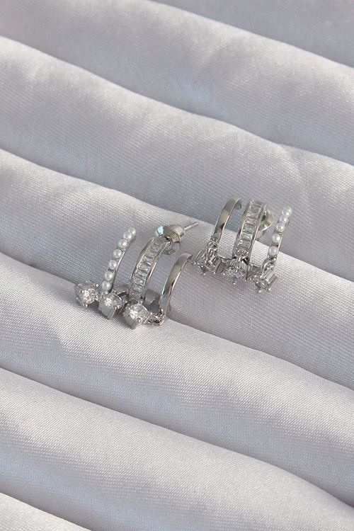 YRTCL Pirinç Gümüş Renk İncili Çoklu Zirkon Taşlı Yarım Halka Küpe