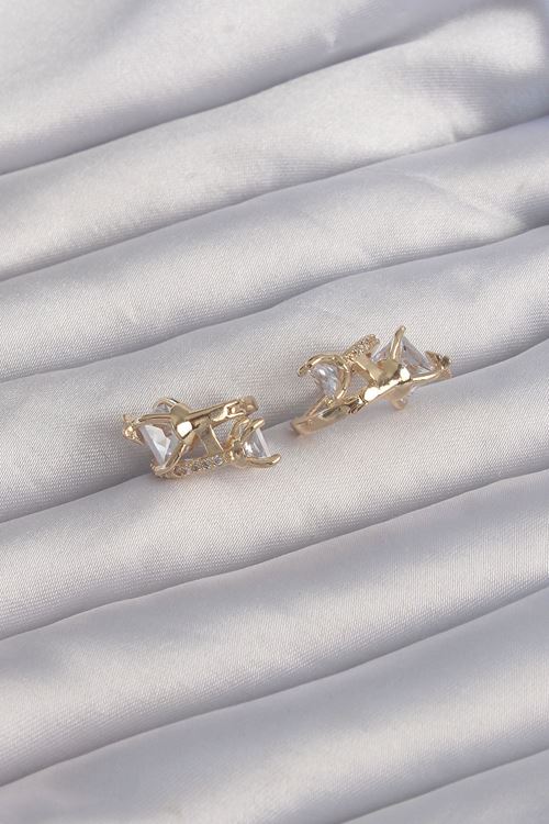 YRTCL Pirinç Gold Renk İri Zirkon Taşlı Kıvrımlı Minimal Kelebekli Halka Küpe