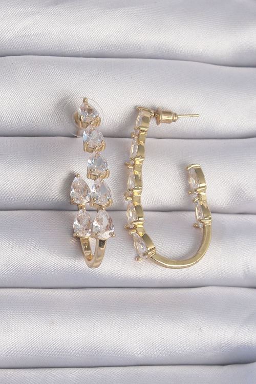 YRTCL Pirinç Gold Renk Damla Zirkon Taş Tasarımlı Küpe