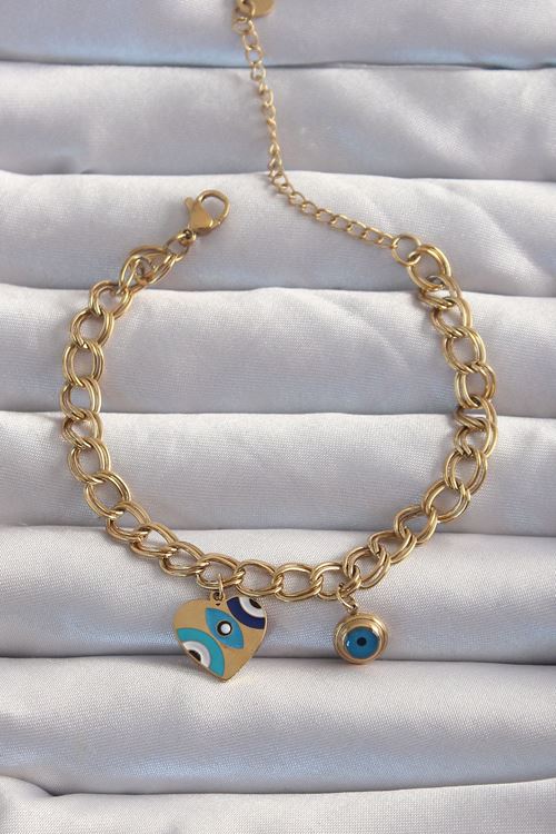 YRTCL 316L Çelik Gold Renk Nazarlı Kalp Model Zincir Bileklik