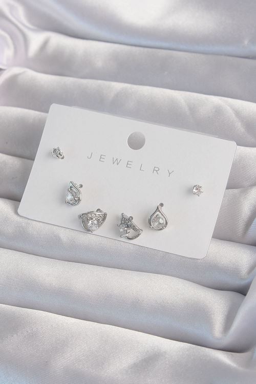 YRTCL Pirinç Gümüş Renk Zirkon Taşlı Damla Model Küpe Seti