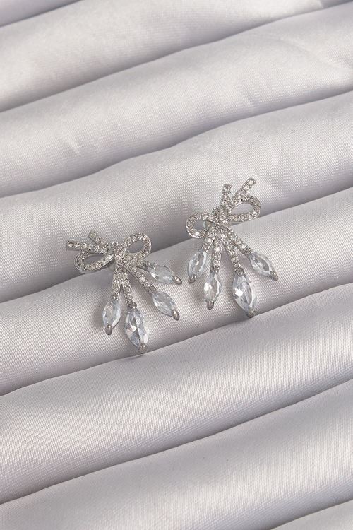 YRTCL Pirinç Gümüş Renk Zirkon Taşlı Fiyonk Küpe