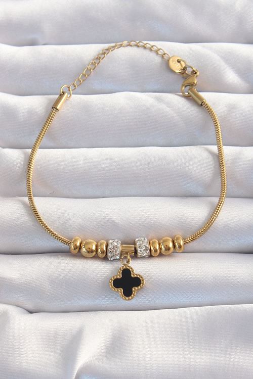 YRTCL 316L Çelik Gold Renk Zirkon Taş Aksesuarlı Siyah Mineli Yonca Bileklik