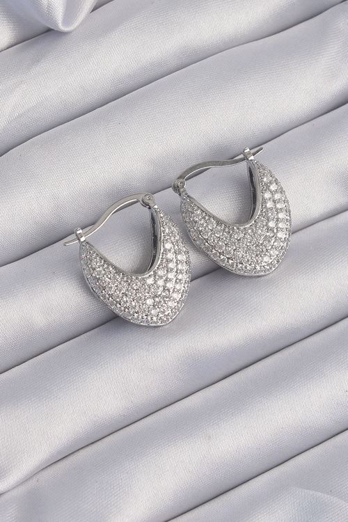 YRTCL Pirinç Gümüş Renk Zirkon Taşlı Badem Model Küpe