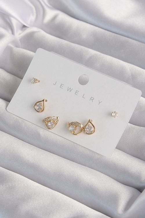 YRTCL Pirinç Gold Renk Zirkon Taşlı Damla Model Küpe Seti