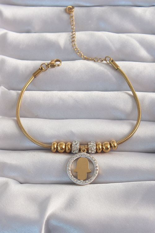 YRTCL 316L Çelik Gold Renk Zirkon Taş Aksesuarlı Fatma Ana Eli Bileklik