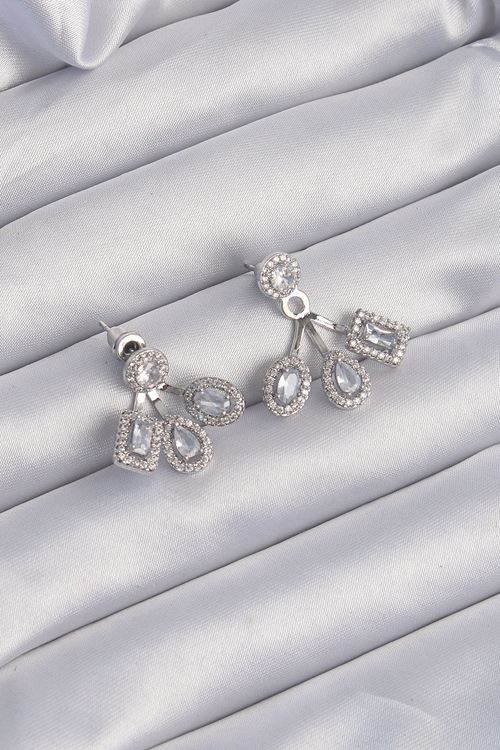 YRTCL Pirinç Gümüş Renk Zirkon Taşlı Geometrik Model Küpe