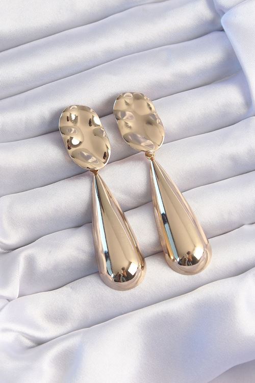 YRTCL Pirinç Gold Renk Uzun Bombeli Ezme Plaka Küpe