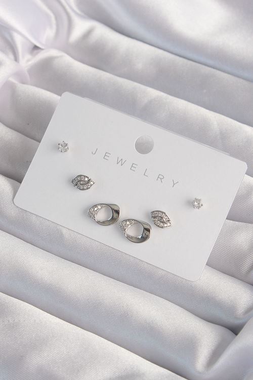 YRTCL Pirinç Gümüş Renk Zirkon Taşlı Yaprak Model Küpe Seti