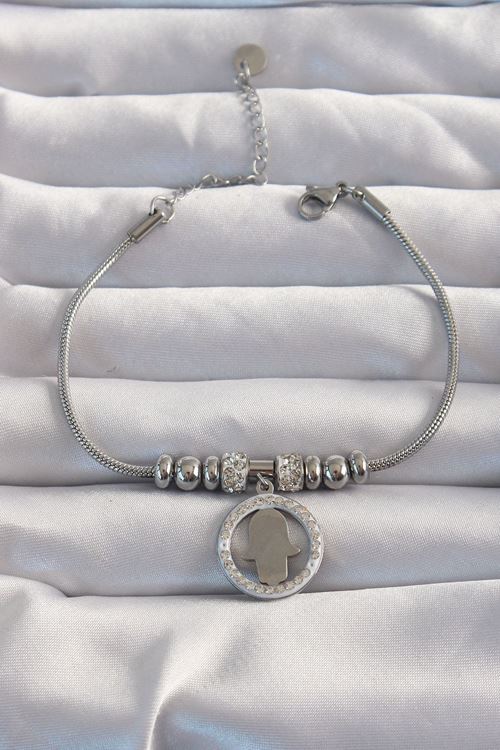 YRTCL 316L Çelik Gümüş Renk Zirkon Taş Aksesuarlı Fatma Ana Eli Bileklik