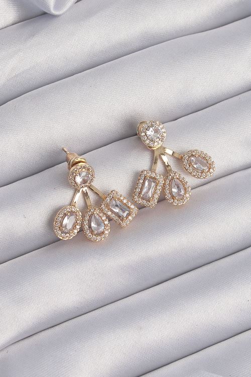YRTCL Pirinç Gold Renk Zirkon Taşlı Geometrik Model Küpe