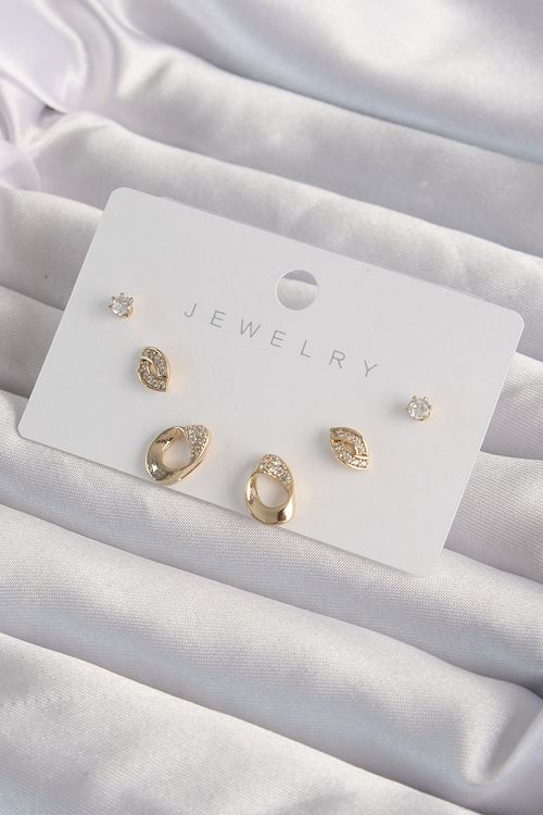 YRTCL Pirinç Gold Renk Zirkon Taşlı Yaprak Model Küpe Seti