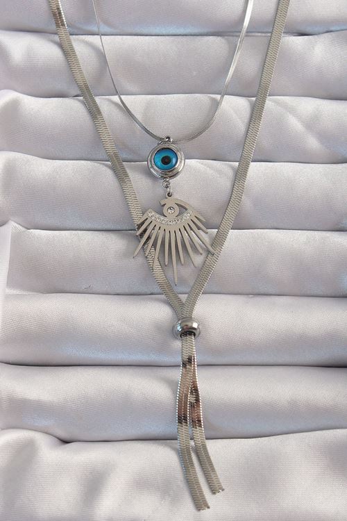 YRTCL 316L Çelik Gümüş Renk Zirkon Taşlı Göz Detay Nazarlı Uzun Asansör Model Kolye