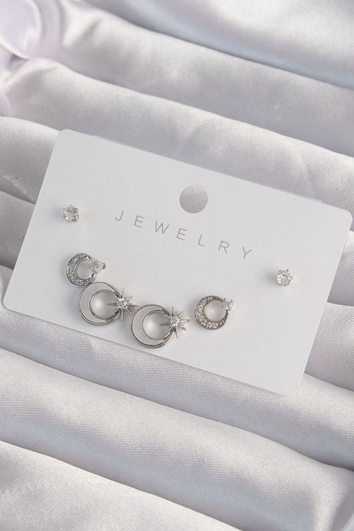 YRTCL Pirinç Gümüş Renk Mineli Zirkon Taşlı Ay Yıldız Model Küpe Seti