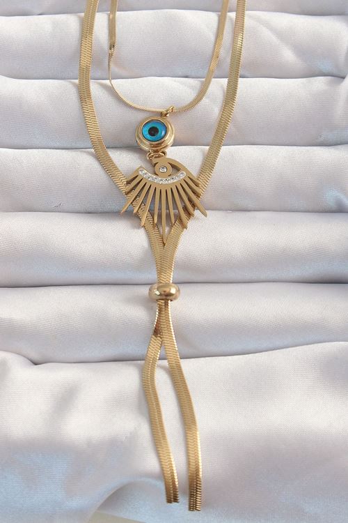 YRTCL 316L Çelik Gold Renk Zirkon Taşlı Göz Detay Nazarlı Uzun Asansör Model Kolye