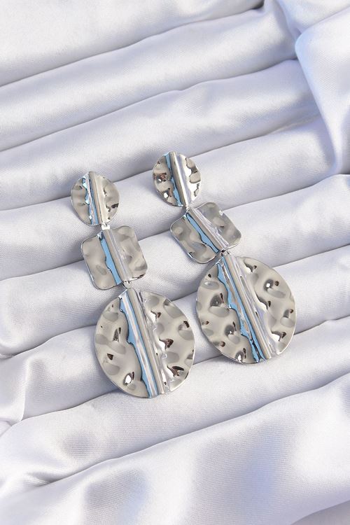 YRTCL Pirinç Gümüş Renk Geometrik Ezme Plaka Küpe