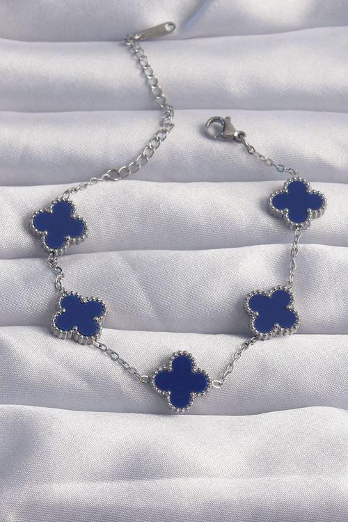 YRTCL 316L Çelik Gümüş Renk Mavi Mineli Yonca Bileklik