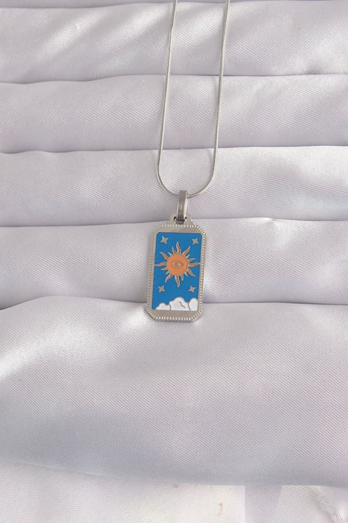 YRTCL 316L Çelik Gümüş Renk Mavi Mineli Güneş Model Tarot Kolye