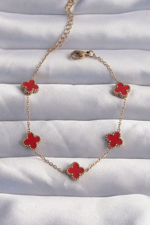 YRTCL 316L Çelik Baby Boy Gold Renk Kırmızı Mineli Yonca Bileklik