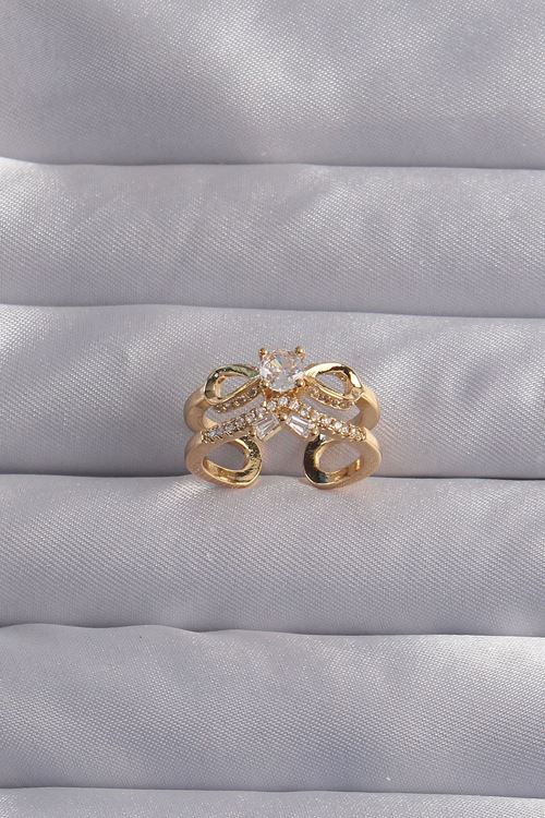 YRTCL Pirinç Ayarlamalı Gold Renk Zirkon Taşlı 2li Görünüm Fiyonk Yüzük