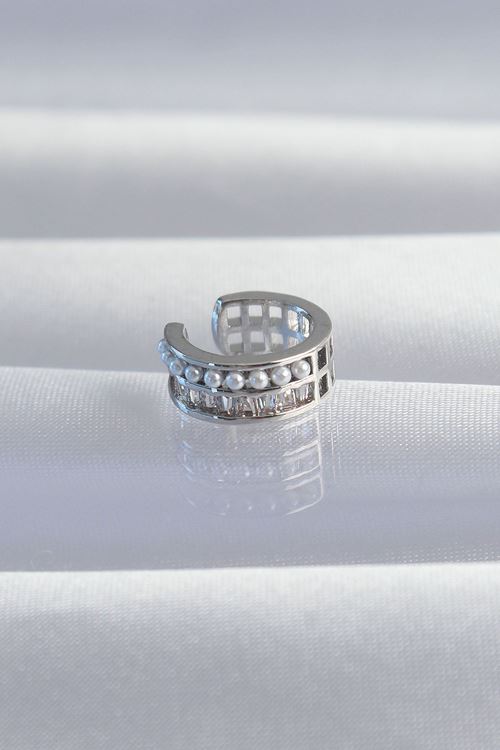 YRTCL Pirinç Gümüş Renk İncili Baget Taşlı Earcuff Küpe