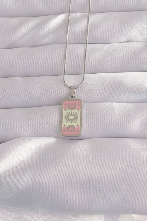 YRTCL 316L Çelik Gümüş Renk Pembe Mineli Ay Figür Tarot Kolye