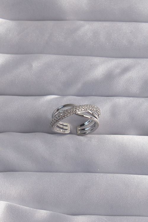 YRTCL Pirinç Ayarlamalı Gümüş Renk Zirkon Taşlı Çapraz Görünüm Yüzük