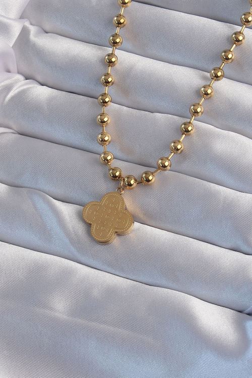 YRTCL 316L Çelik Top Zincirli Gold Renk İşlemeli Yonca Model Kolye