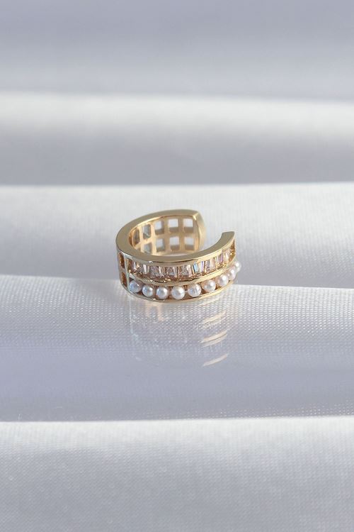 YRTCL Pirinç Gold Renk İncili Baget Taşlı Earcuff Küpe