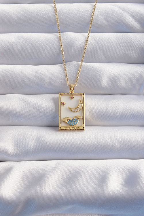 YRTCL 316L Çelik Zincir Gold Renk Ay Detay Mavi Zirkon Taşlı Tarot Kolye