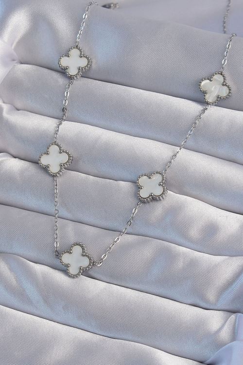 YRTCL 316L Çelik Gümüş Renk Beyaz Sedefli Yonca Kolye