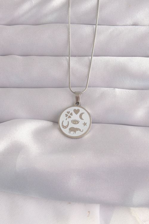 YRTCL 316L Çelik Gümüş Renk Beyaz Mineli Karışık Figürlü Tarot Kolye