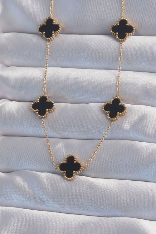 YRTCL 316L Çelik Gold Renk Siyah Mineli Yonca Kolye