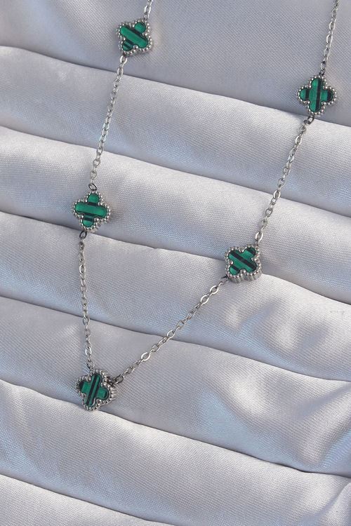 YRTCL 316L Çelik Gümüş Renk Minimal Yeşil Mineli Yonca Kolye