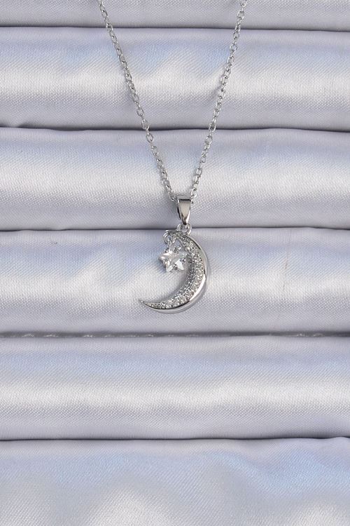 YRTCL 316L Çelik Zincir Gümüş Renk Zirkon Taşlı Sallantılı Ay Yıldız Kolye
