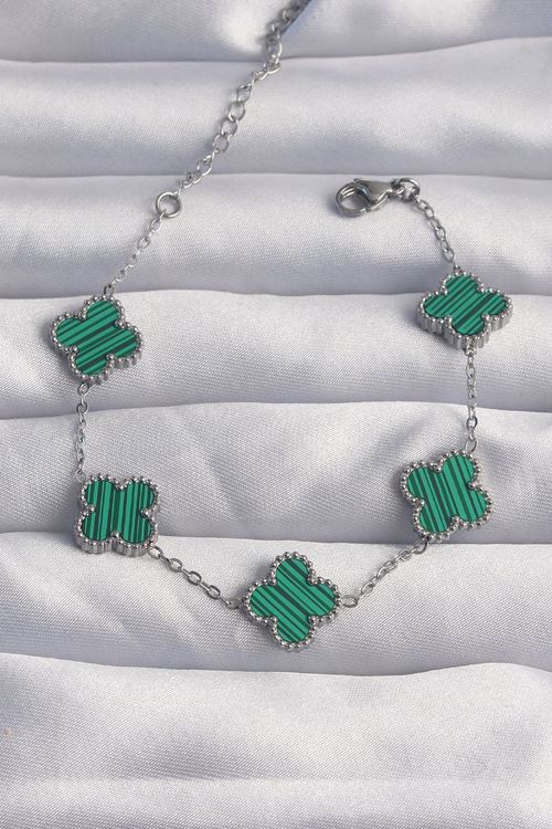 YRTCL 316L Çelik Gümüş Renk Çizgili Yeşil Mineli Yonca Bileklik