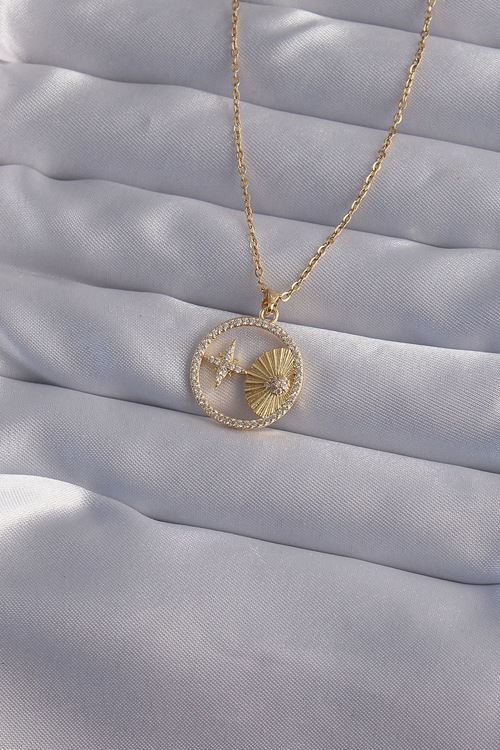 YRTCL 316L Çelik Zincir Gold Renk Zirkon Taşlı Yıldız Figürlü Oval Kolye