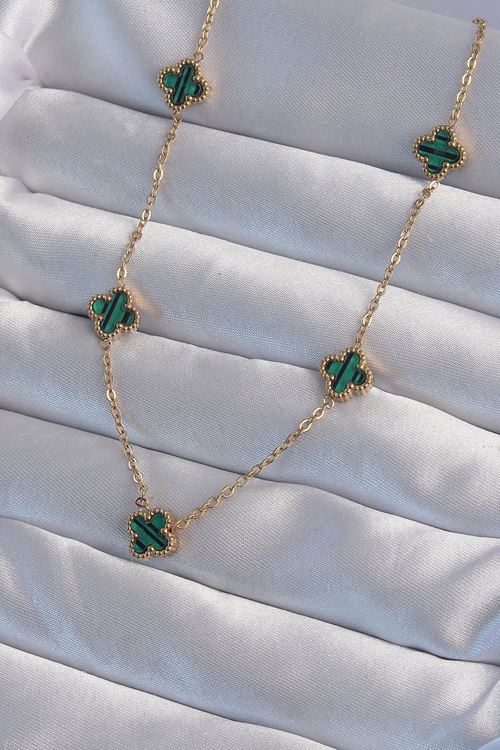 YRTCL 316L Çelik Gold Renk Minimal Yeşil Mineli Yonca Kolye